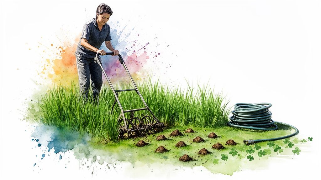 A person uses a push lawn aerator on grass, creating soil mounds, with a garden hose and clover nearby.