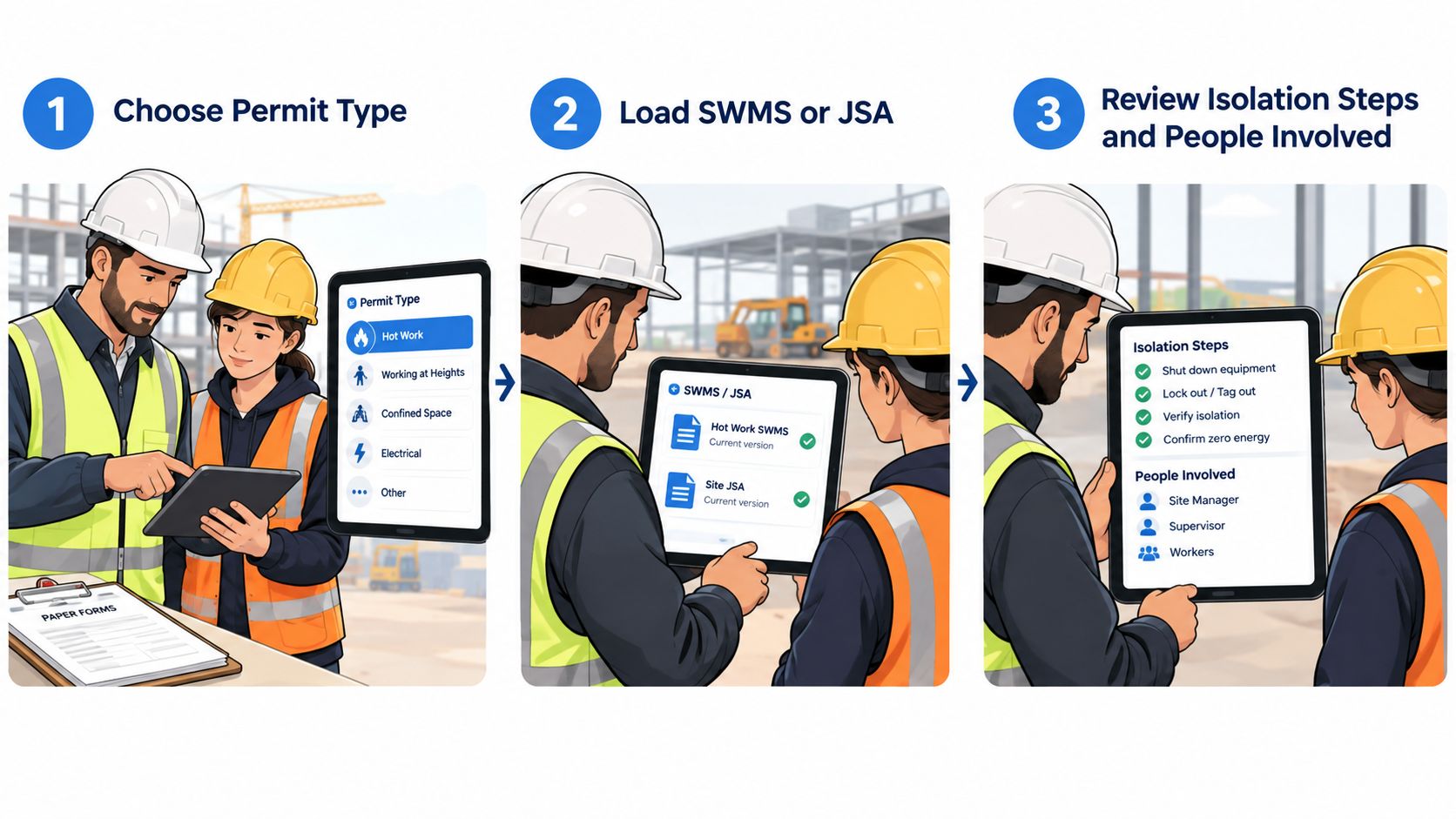 Construction workers using a digital permit to work tablet software for site safety and compliance procedures.