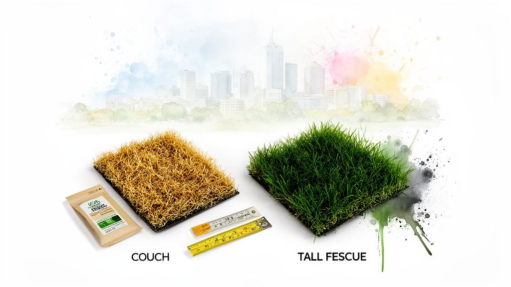Comparison of couch grass and tall fescue grass, with seed packet, rulers, and a cityscape background.