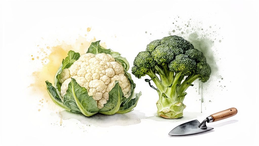 A watercolor illustration of a fresh whole cauliflower, broccoli, and a small gardening trowel.