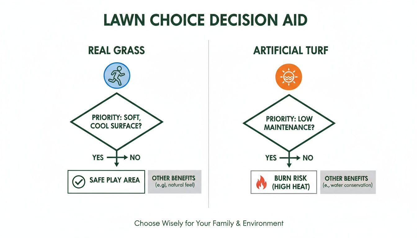 Decision aid flowchart comparing real grass and artificial turf based on priorities like soft surface or low maintenance.
