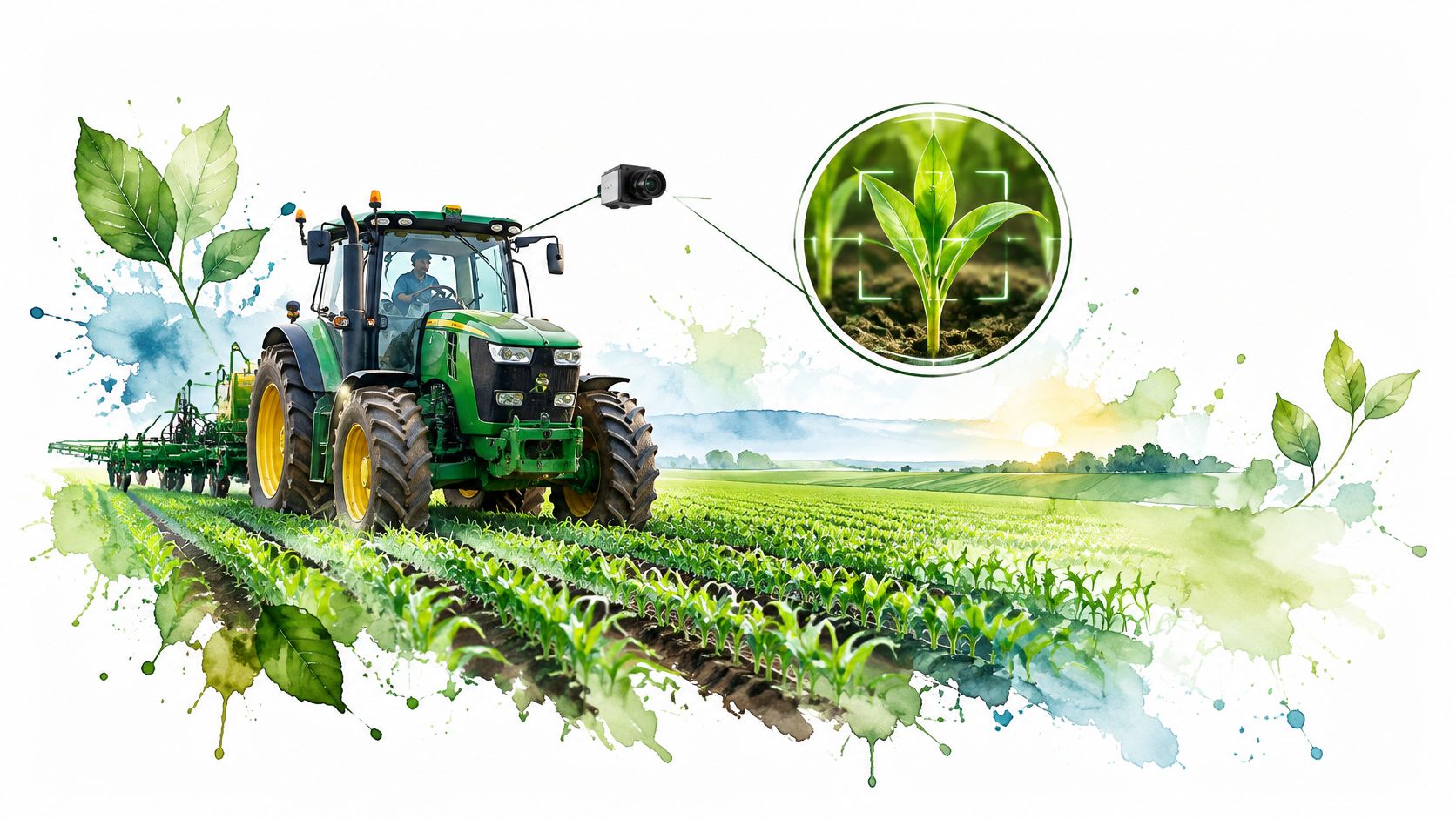 A modern tractor using computer vision technology to monitor and analyse corn crops in a field