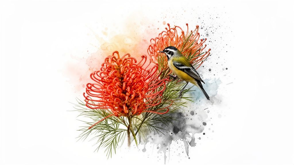 Vibrant watercolor illustration of red Grevillea flowers and a colorful bird on a white background.