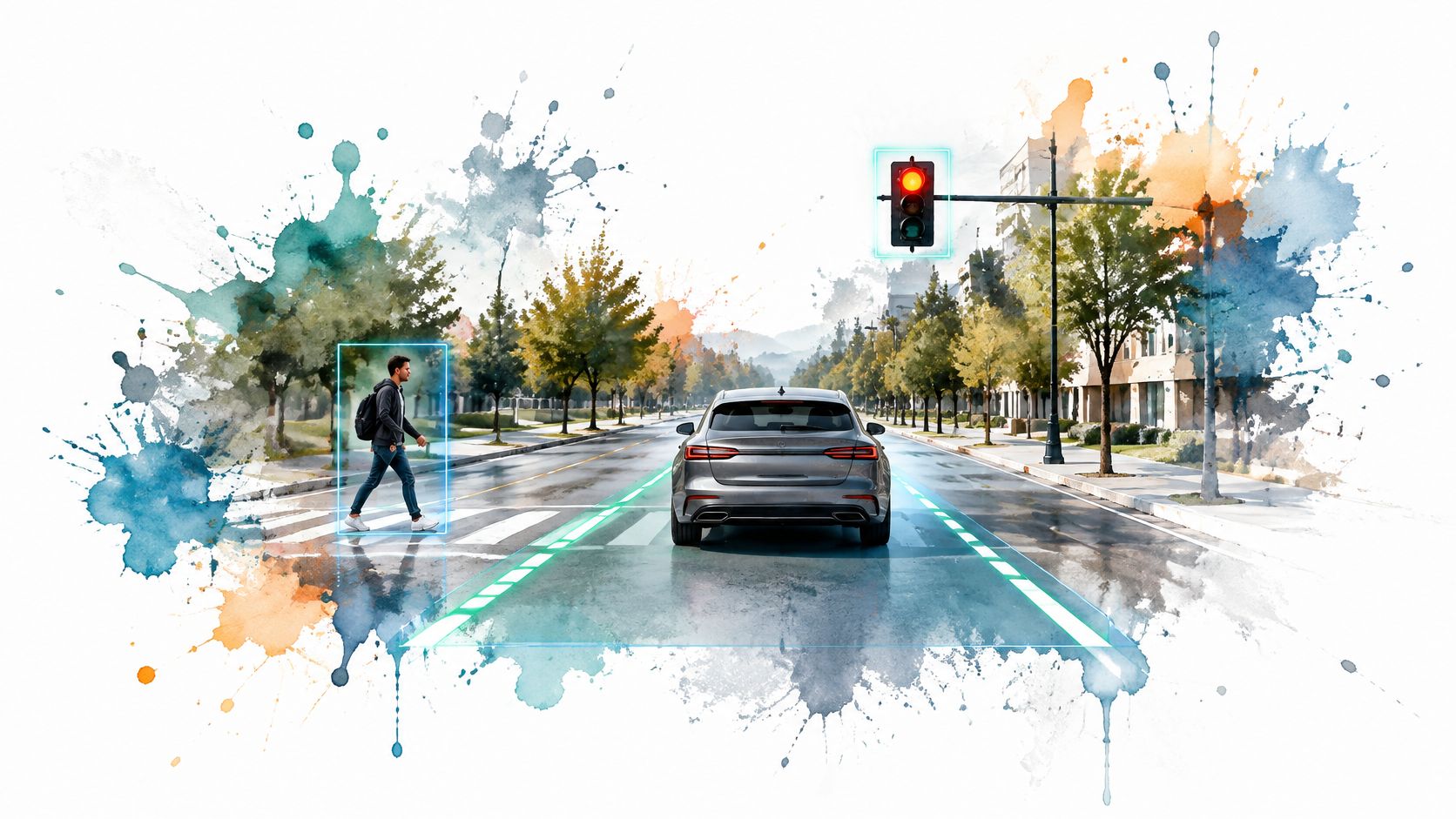 A modern car stopped at a red traffic light detecting a pedestrian walking across a crosswalk