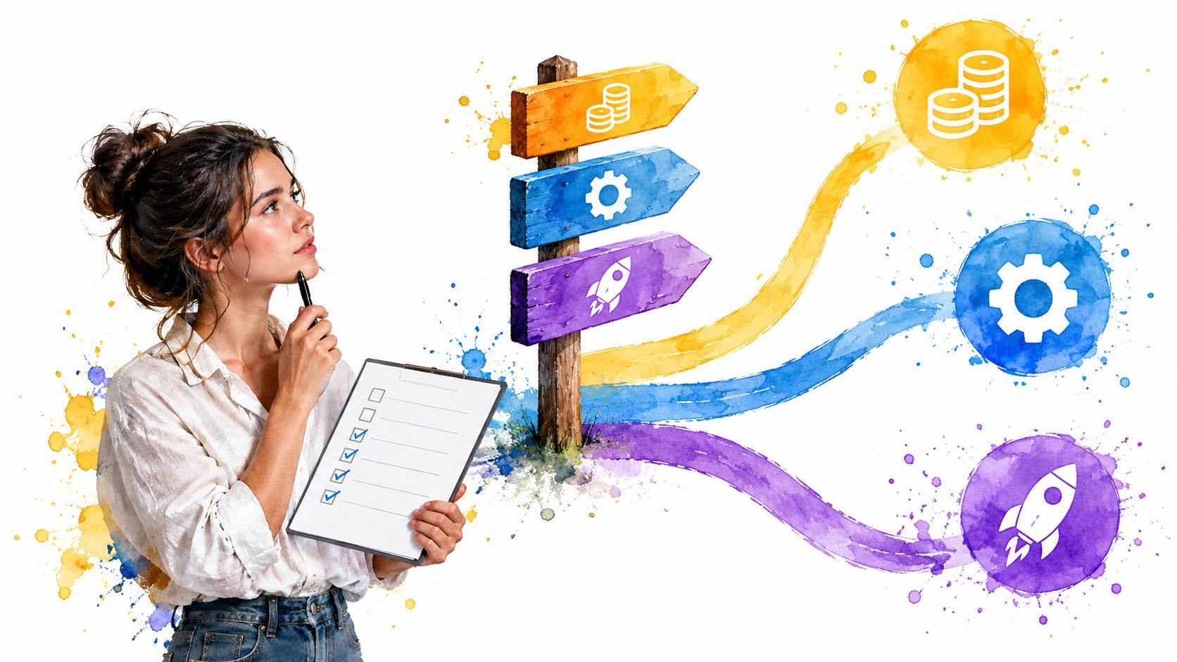A woman holding a clipboard while contemplating three colorful signpost options for growth, strategy, and business success.