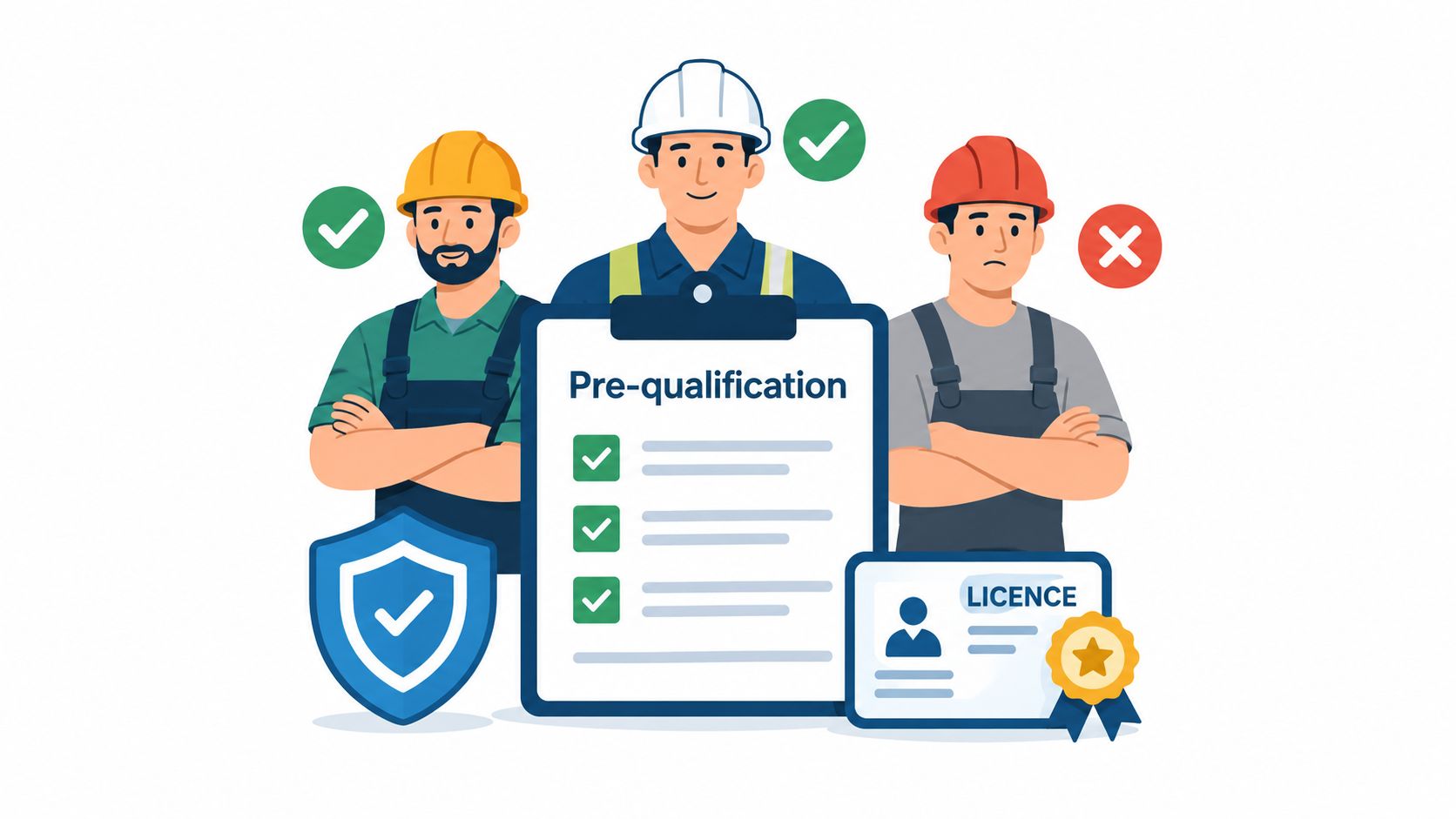 Three construction workers standing with a pre-qualification checklist, a security shield icon, and an official license card.