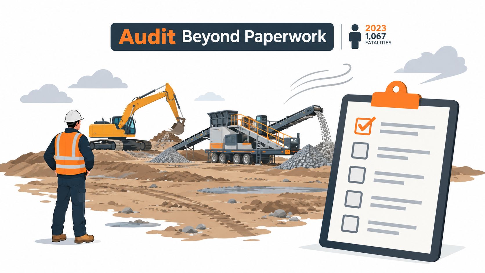 A safety auditor observing an active construction site with heavy machinery and a large project checklist.