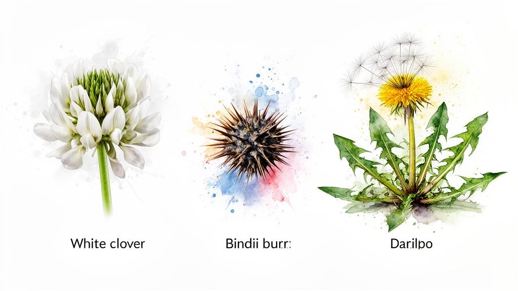 Three watercolor illustrations of common weeds: white clover, bindii burr, and a dandelion.