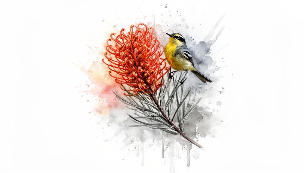 A vibrant watercolor illustration of a yellow bird perched on a branch next to a red grevillea flower.