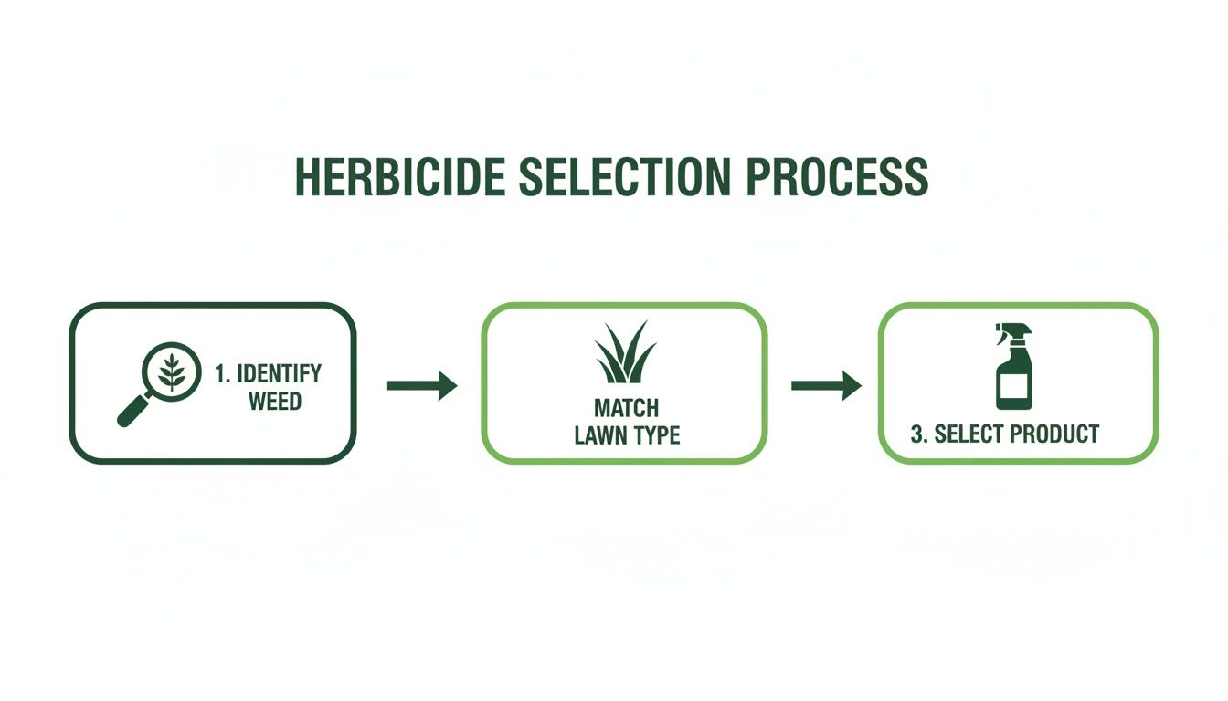 A visual guide illustrating the herbicide selection process with three steps: identify weed, match lawn type, and select product.