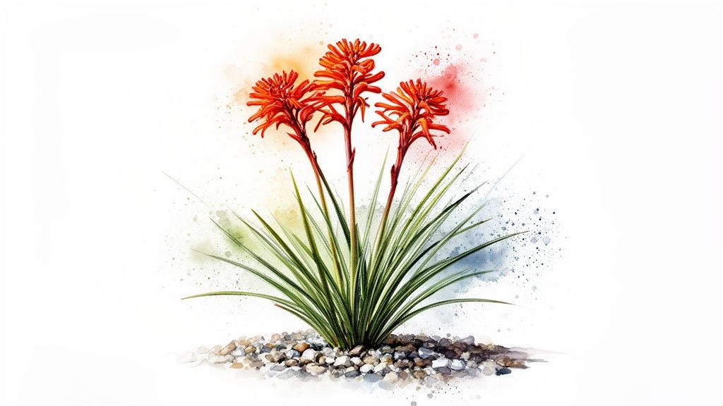 Watercolor painting of a vibrant Kangaroo Paw plant with orange flowers and green leaves on white background.