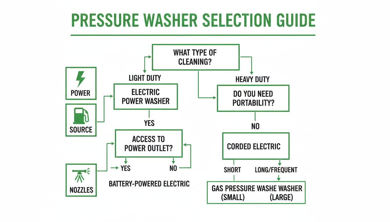 Flowchart providing a guide for selecting the right pressure washer based on cleaning needs and power.