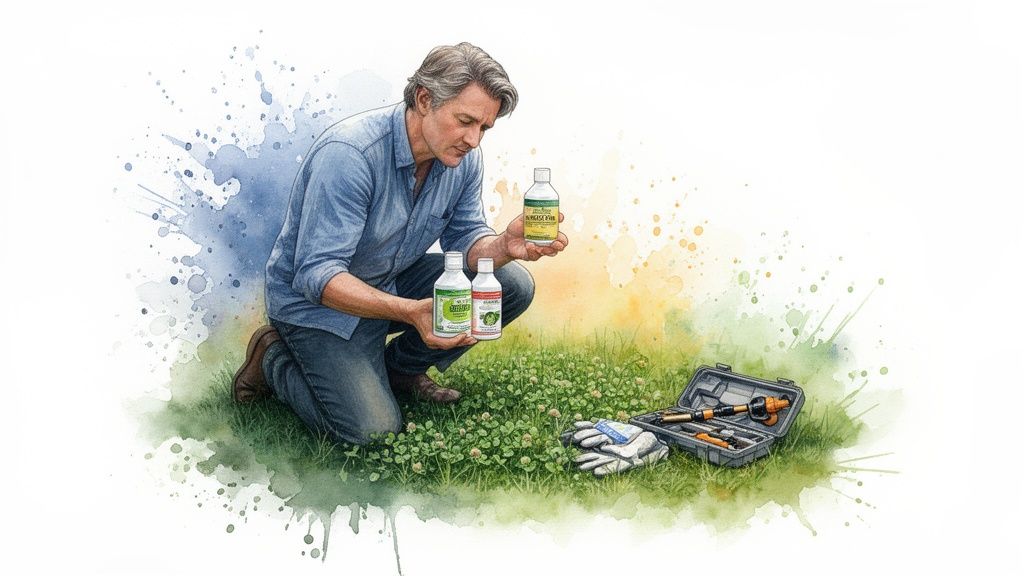 A man kneels on grass, examining bottles of lawn treatment products next to gardening tools.