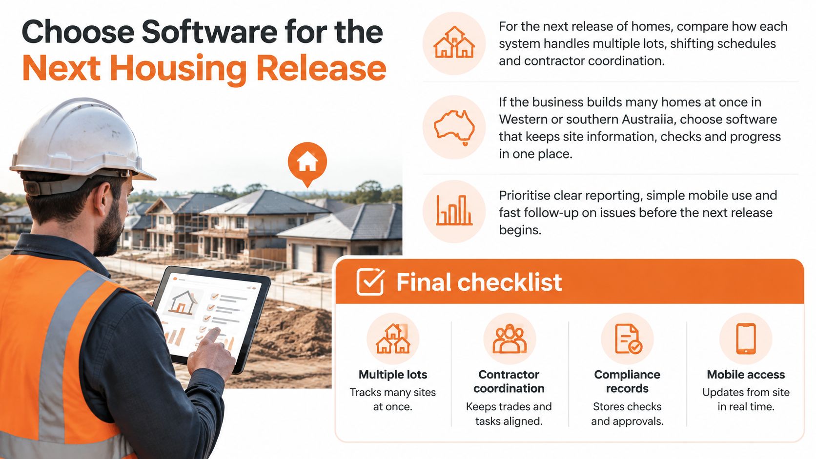 A construction worker holding a tablet displaying site data to help manage housing projects and contractor coordination.
