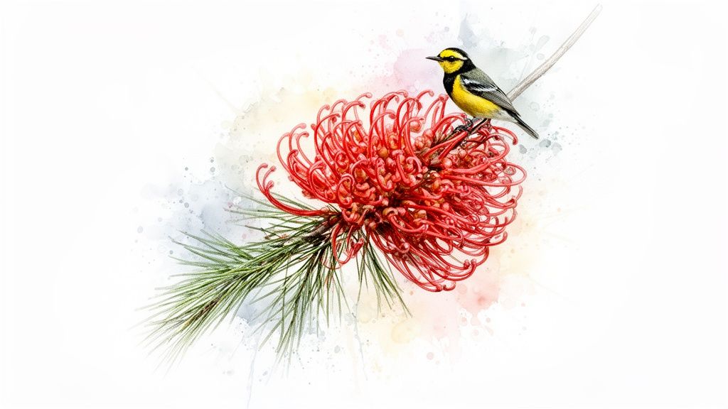 Watercolor illustration of a yellow and black bird perched on a vibrant red Grevillea flower.