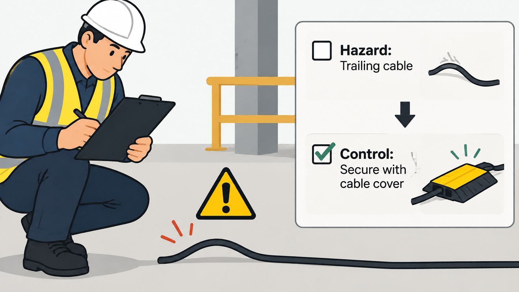 A safety inspector documenting a trailing cable hazard on a construction site with a protective cover solution.