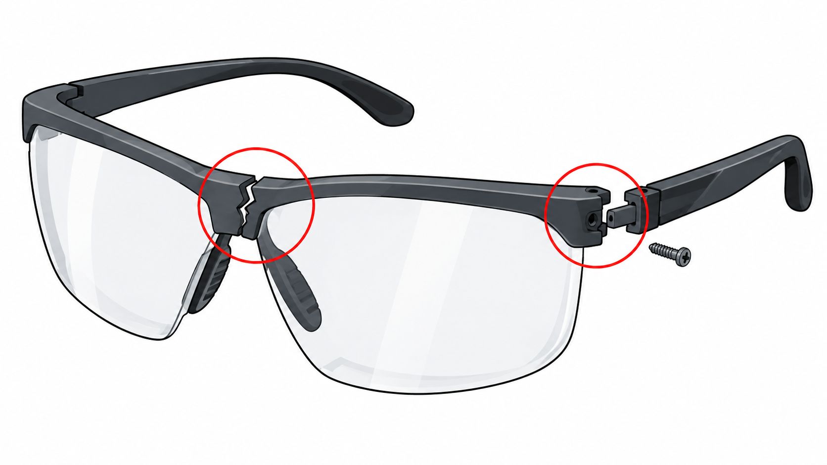 A diagram of safety glasses with a broken bridge and a detached temple arm requiring repair.