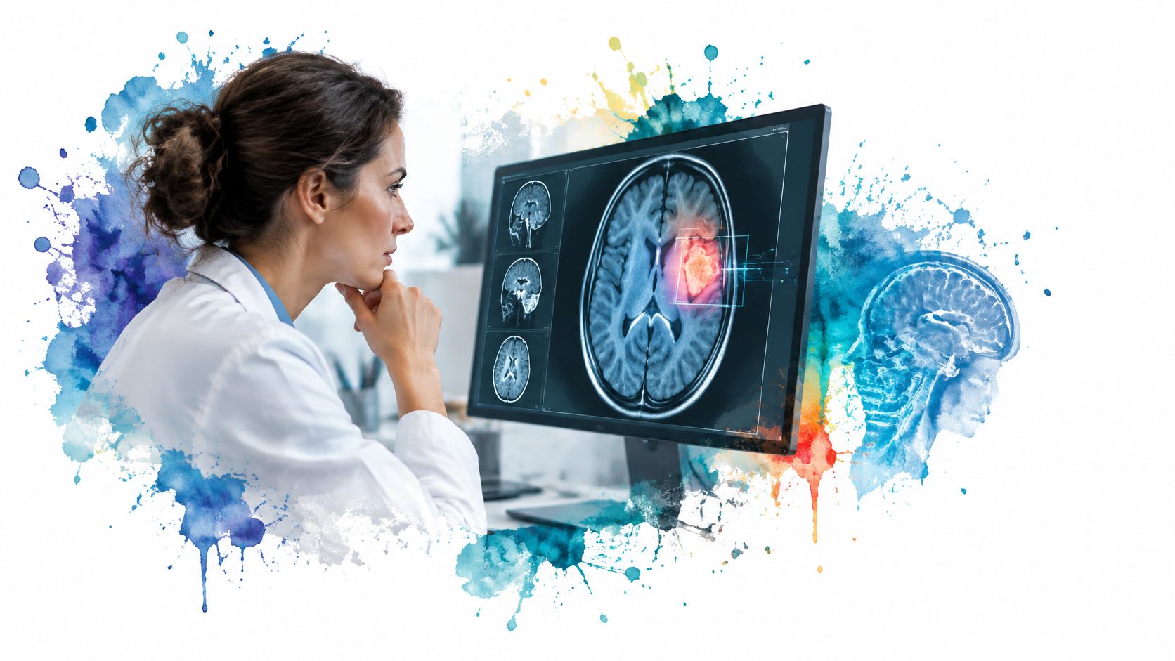 A female doctor in a white coat analysing brain MRI scans on a computer screen in an office