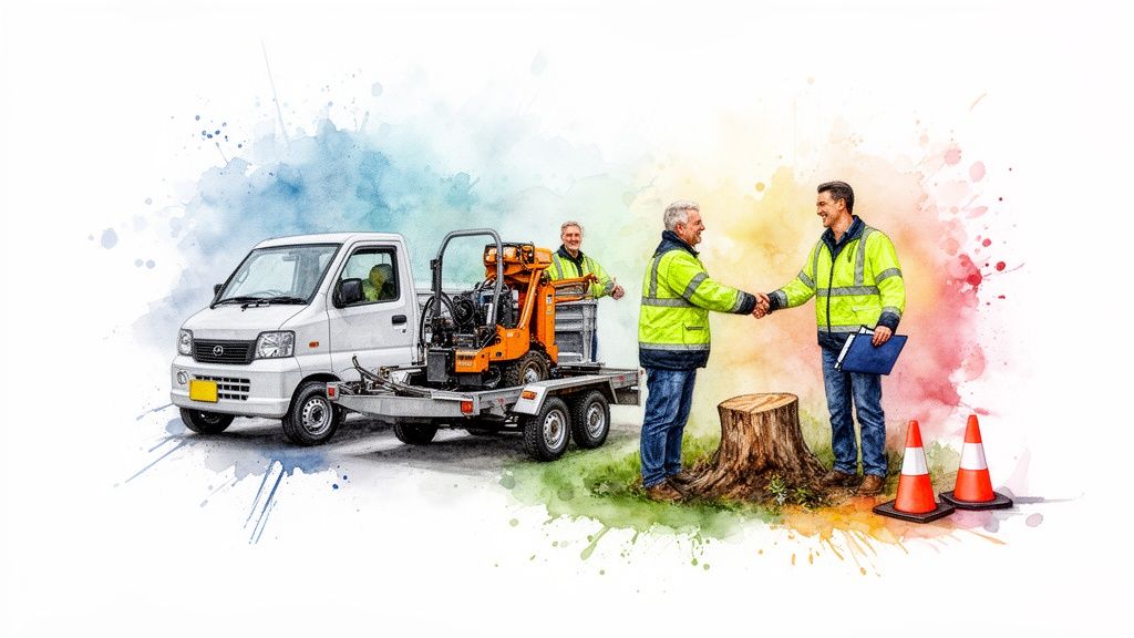 Workers in safety gear shaking hands next to a truck carrying a stump grinder, with a tree stump nearby.
