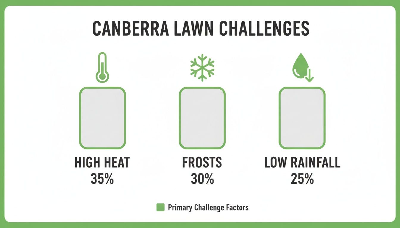 An infographic detailing Canberra lawn challenges: high heat (35%), frosts (30%), and low rainfall (25%).