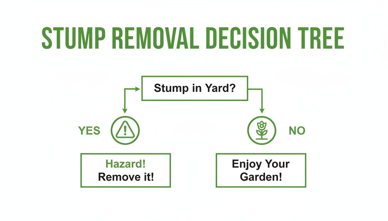 A simple decision tree flowchart for stump removal, asking 'Stump in Yard?' and guiding to remove it or enjoy the garden.