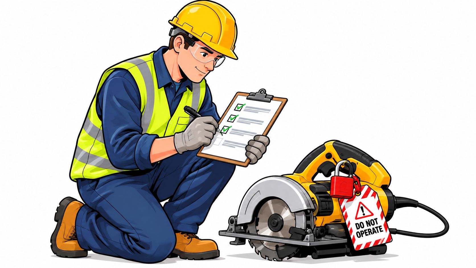 A construction worker in safety gear checking off a clipboard next to a locked circular saw.