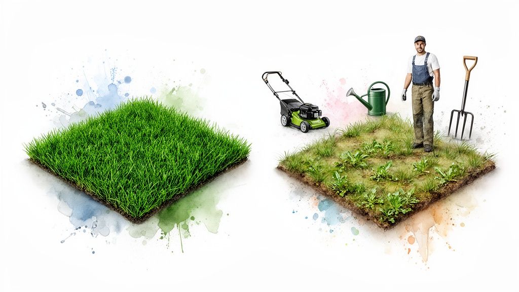 Two ground patches: one with lush green grass, another with weeds, gardening tools, and a gardener.