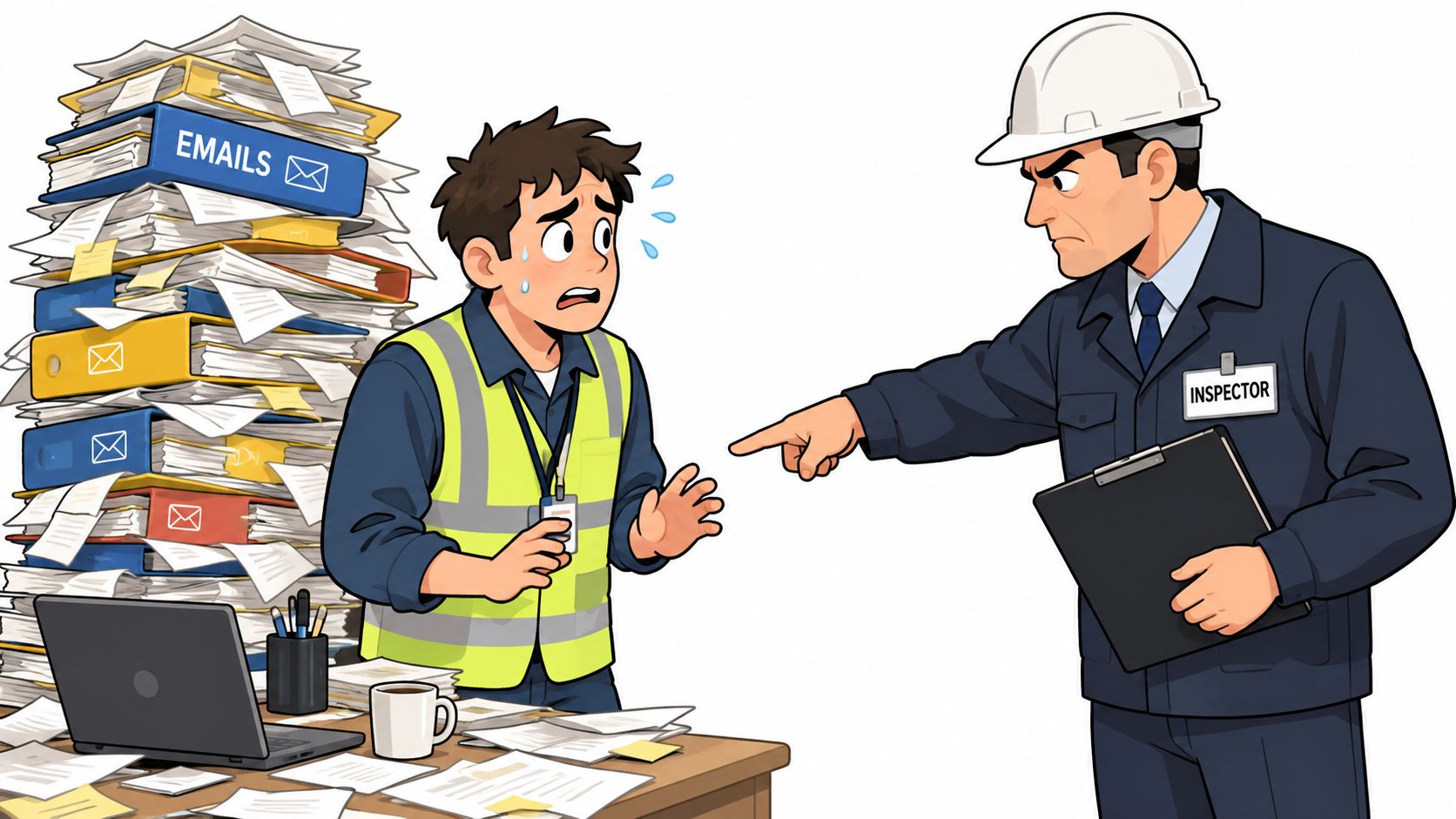 A nervous worker in a high-visibility vest stands near a massive pile of emails under inspection.