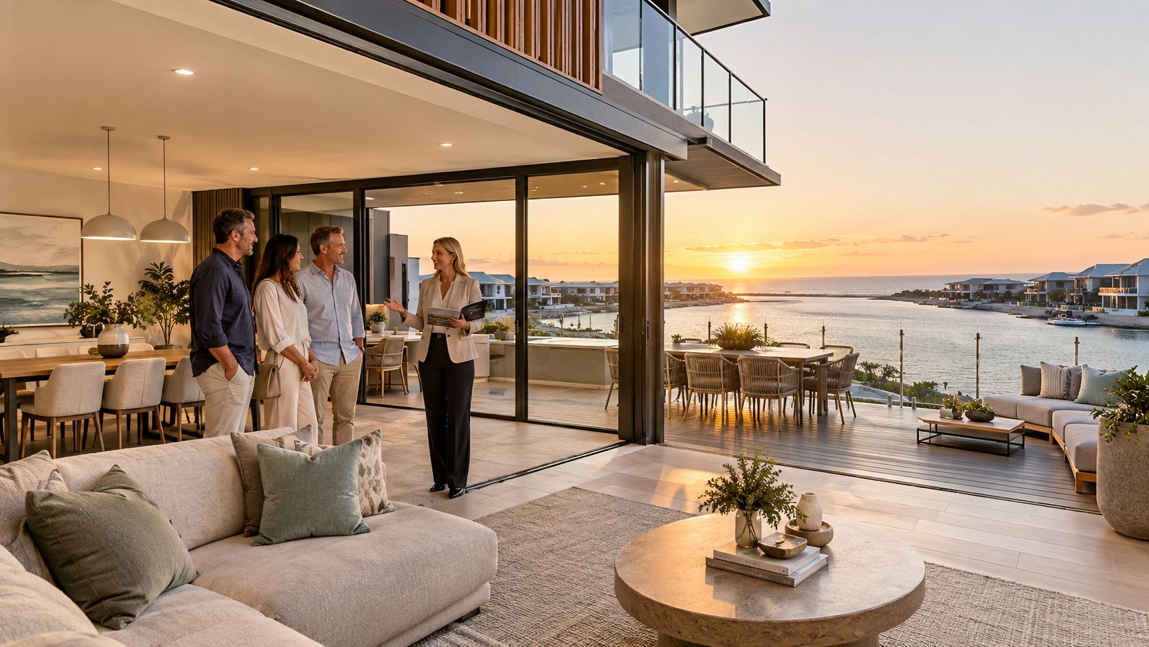 A real estate agent showing a luxury waterfront home with sunset views to a interested couple.