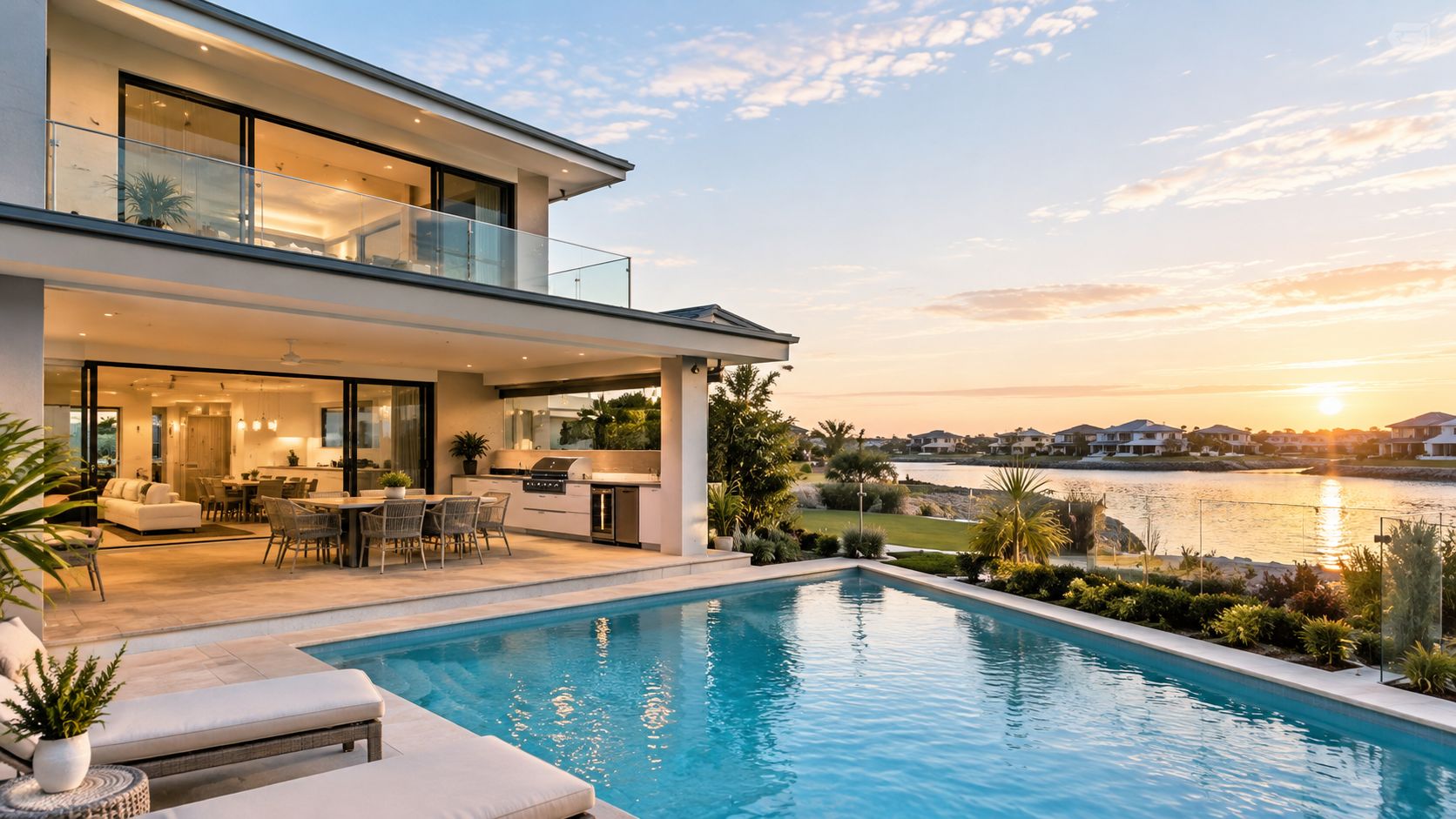 A luxurious modern two-story home with a pool overlooking a sunset over a calm lake.