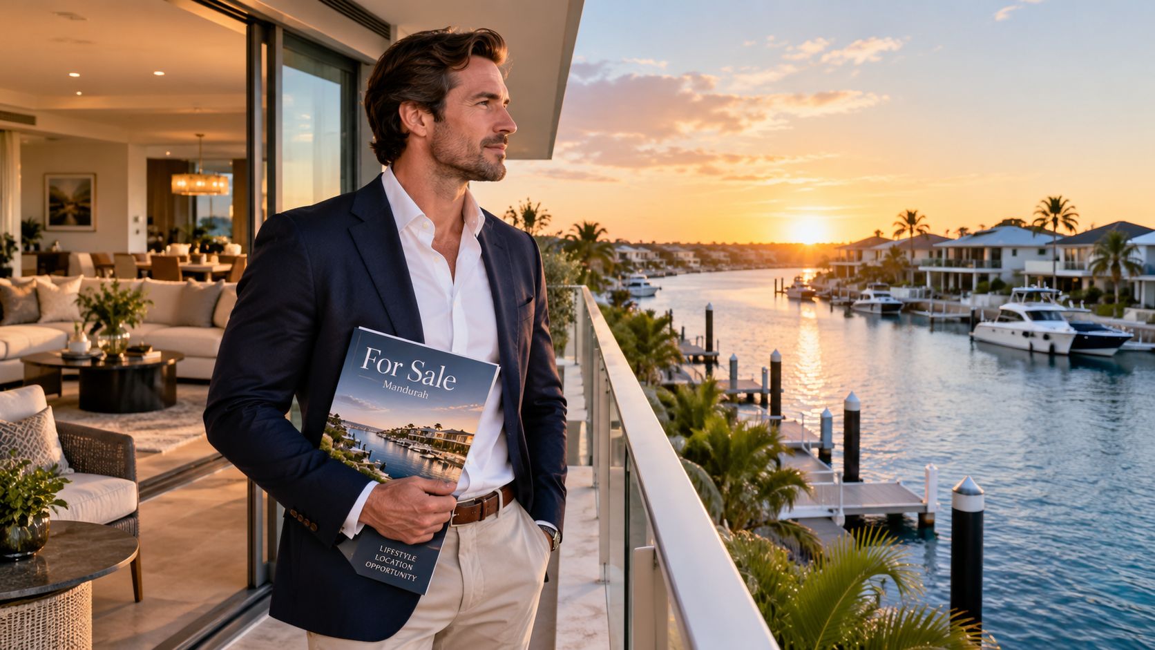 A professional real estate agent standing on a luxury waterfront balcony holding a sales brochure.