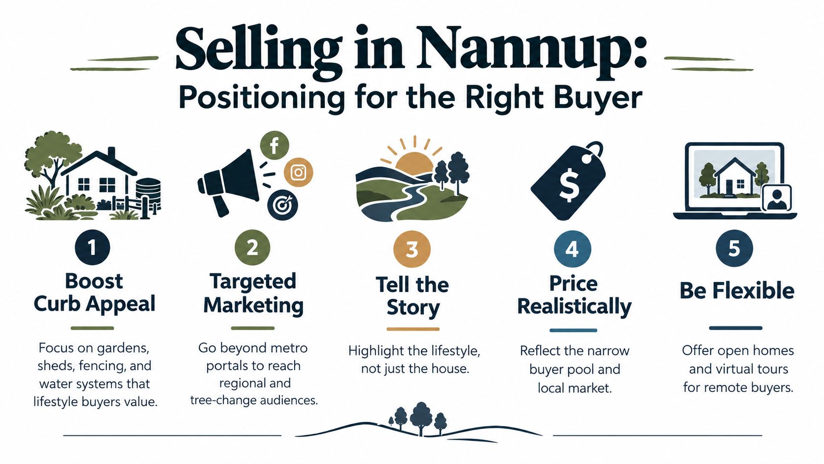 An infographic titled Selling in Nannup detailing five strategic steps for positioning property for potential buyers.