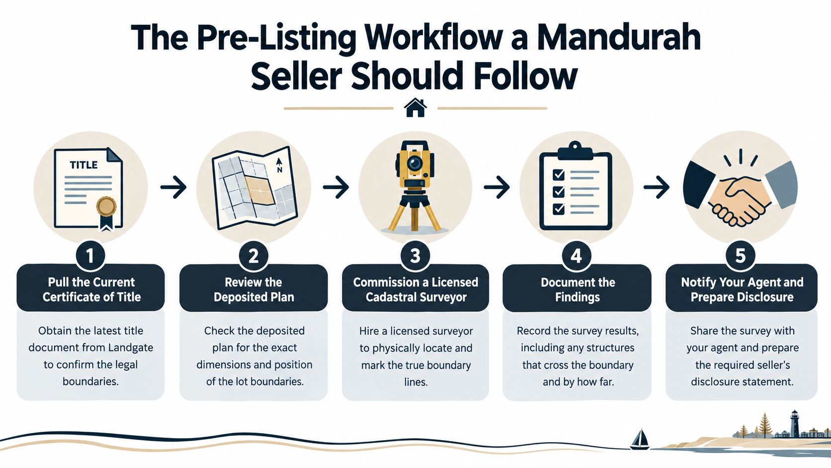 A five-step instructional graphic detailing the pre-listing workflow for property sellers in Mandurah to identify boundaries.