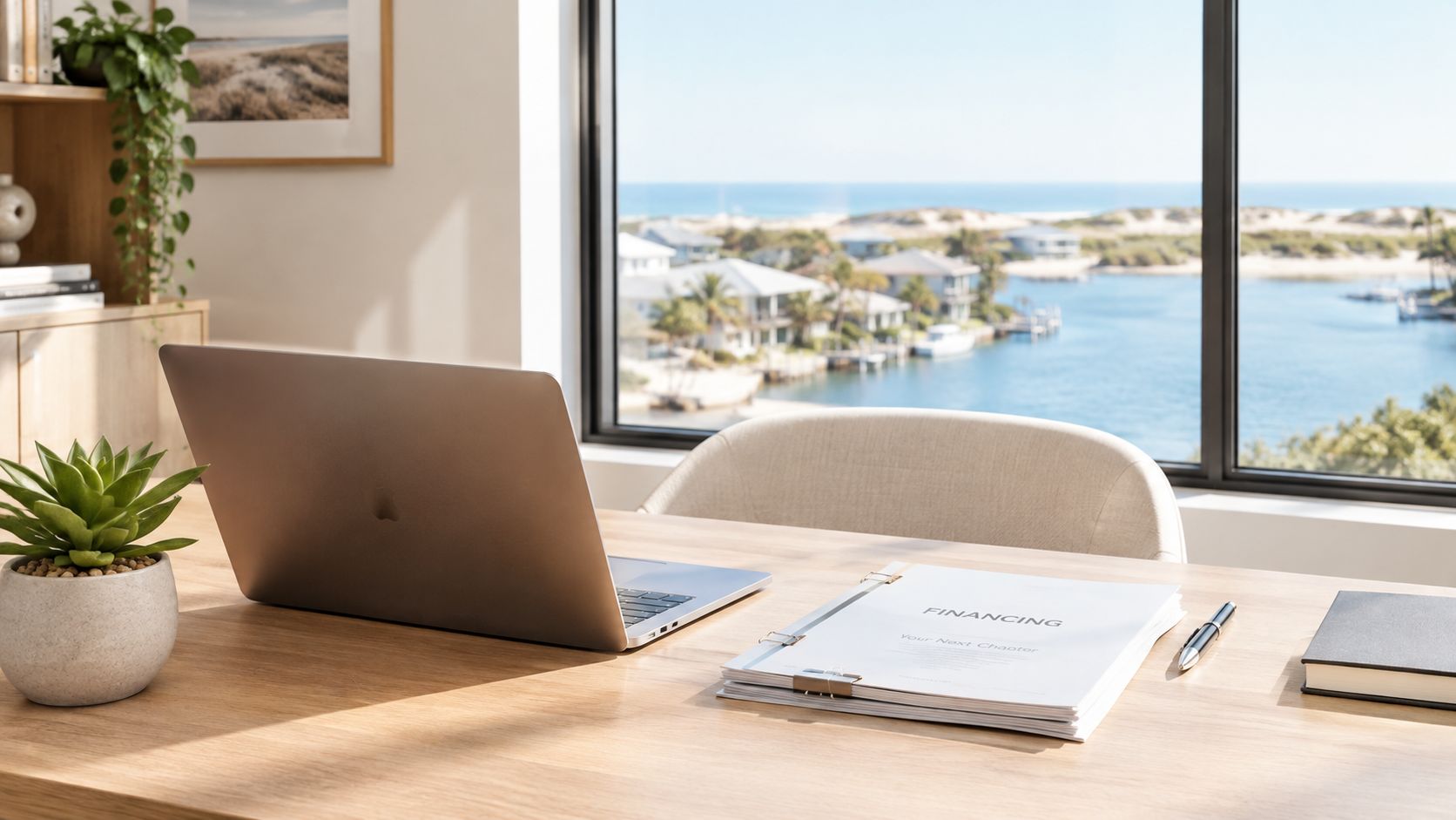A modern desk with a laptop, financing documents, and a plant overlooking a scenic coastal water view.
