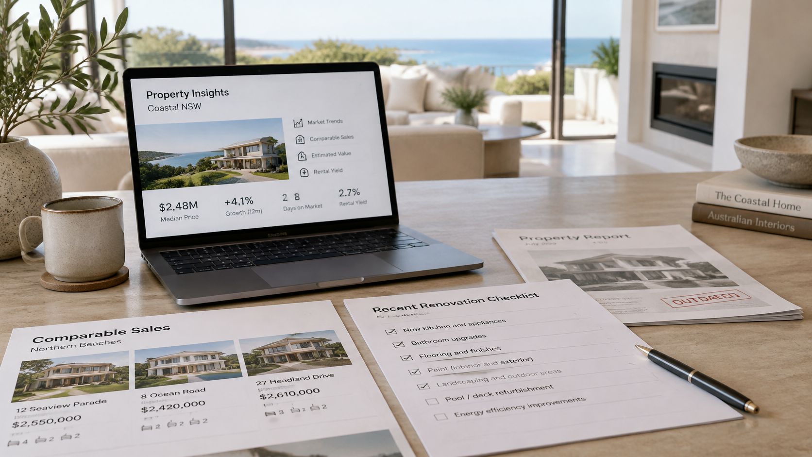 A laptop showing property data next to a renovation checklist and property reports on a wooden table.