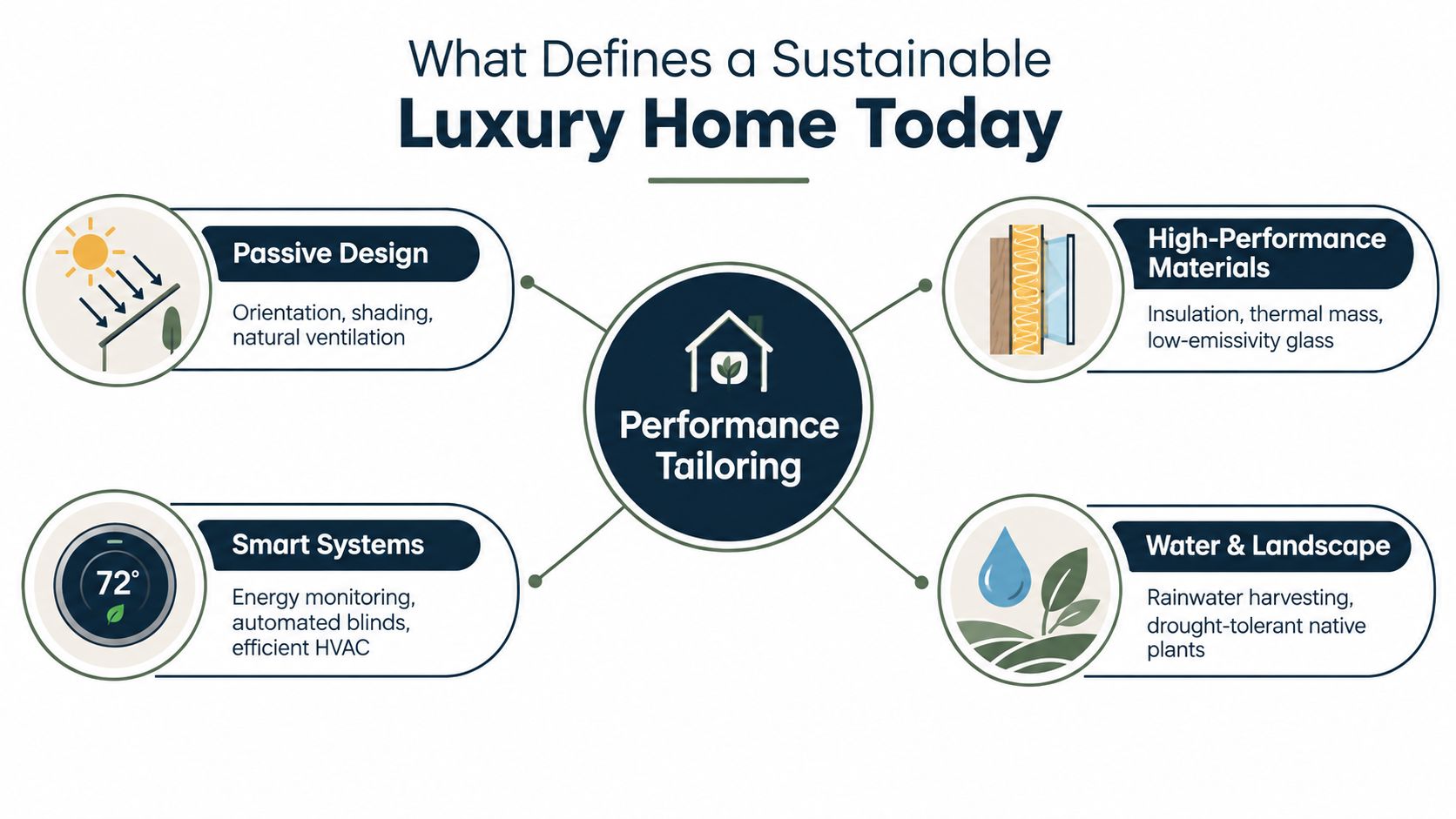 A diagram outlining key features of sustainable luxury homes including passive design, smart systems, materials, and water.