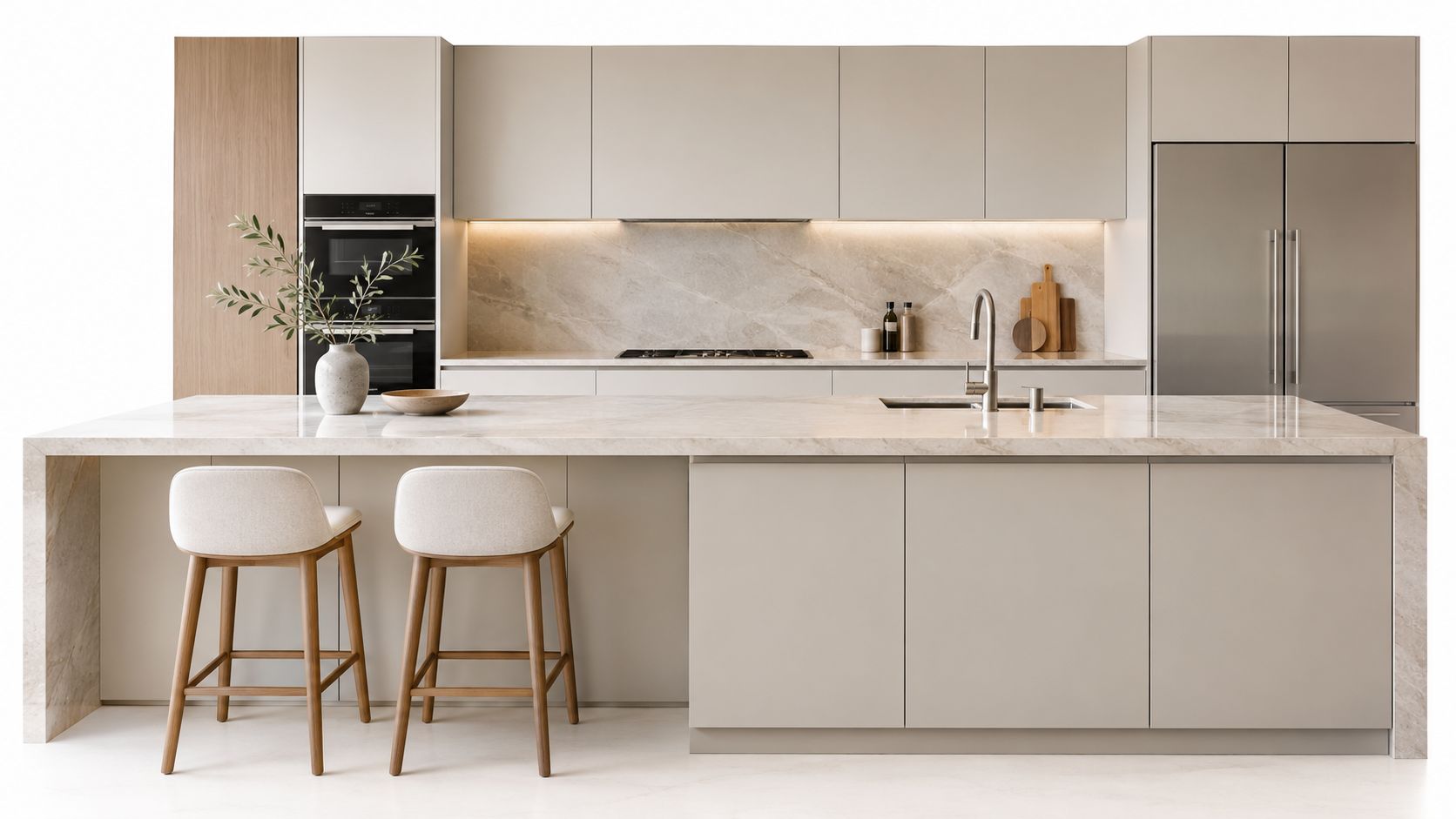A modern kitchen interior featuring light-colored cabinetry, a marble-topped island with two stylish bar stools, and stainless appliances.