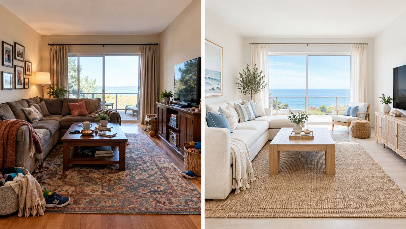 A split-screen view showing a living room before and after a bright and airy interior design transformation.