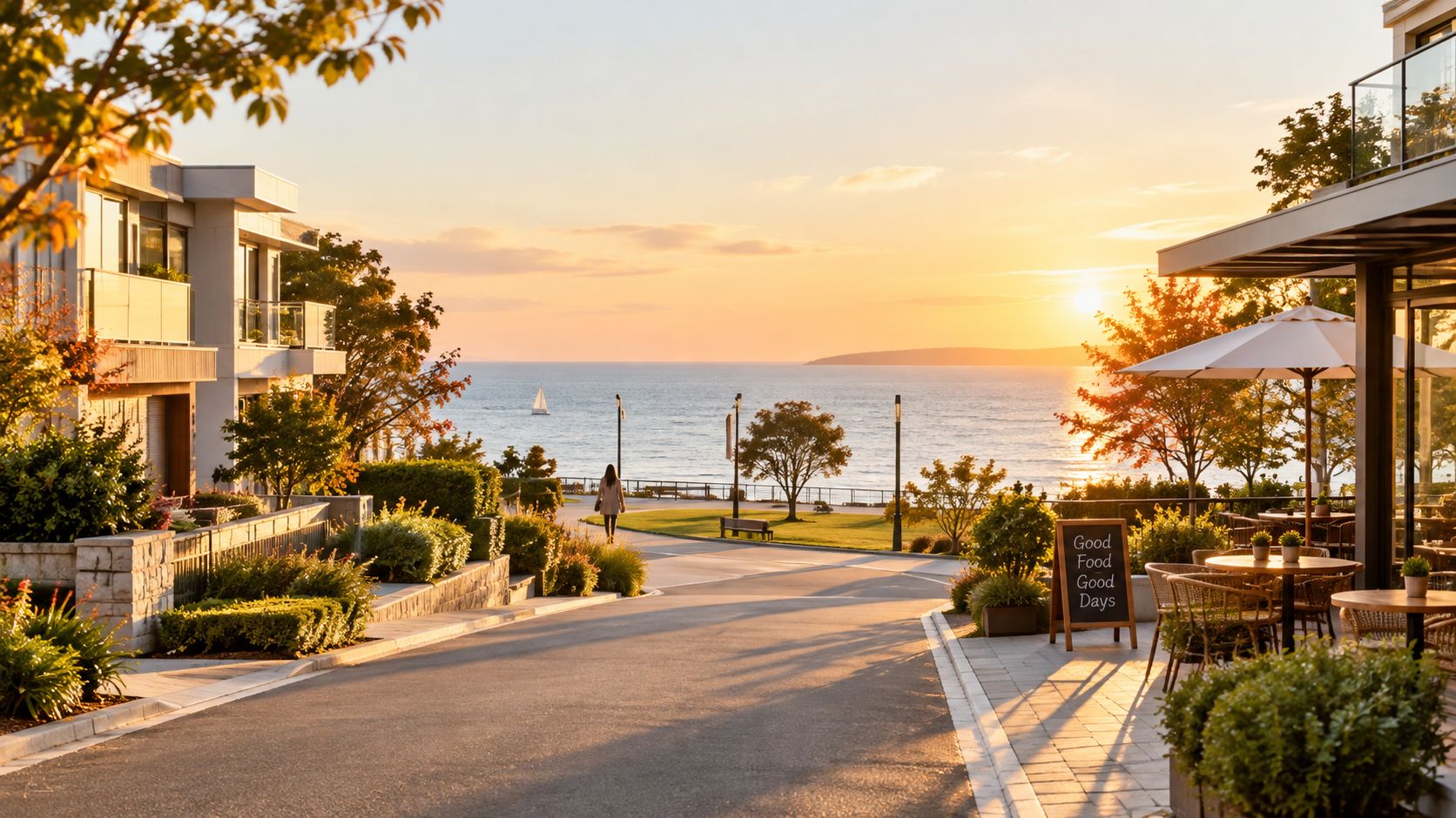 A serene coastal scene with modern residential buildings, an outdoor cafe, and a path toward the ocean.