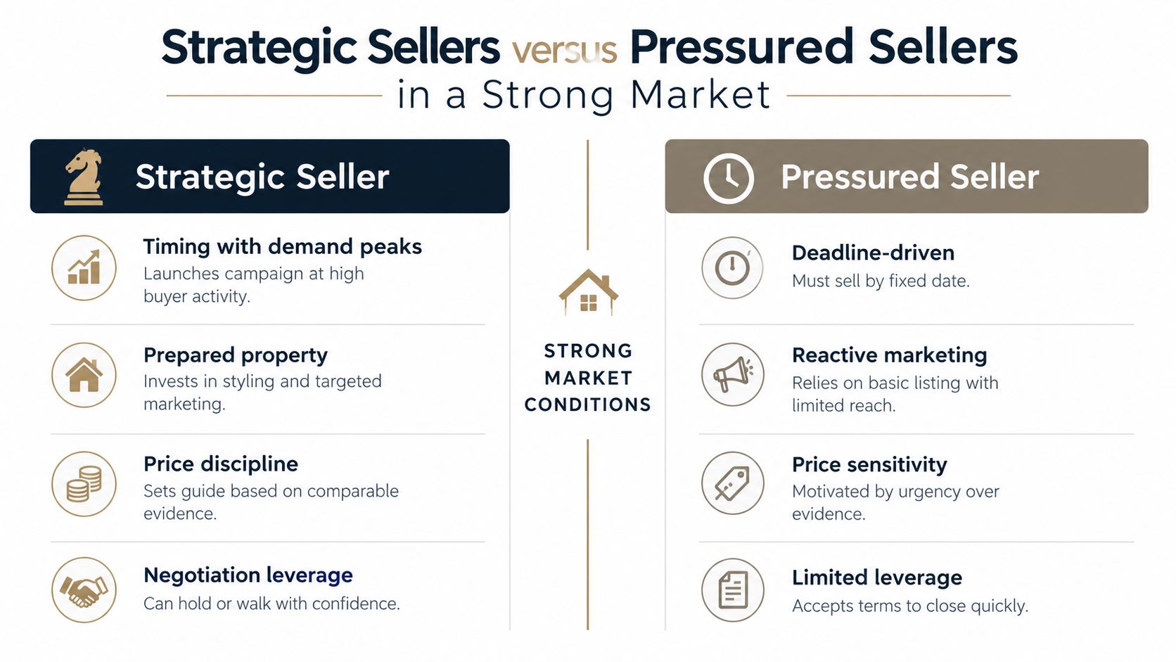 A comparison chart showing the differences between strategic sellers and pressured sellers in a strong real estate market.