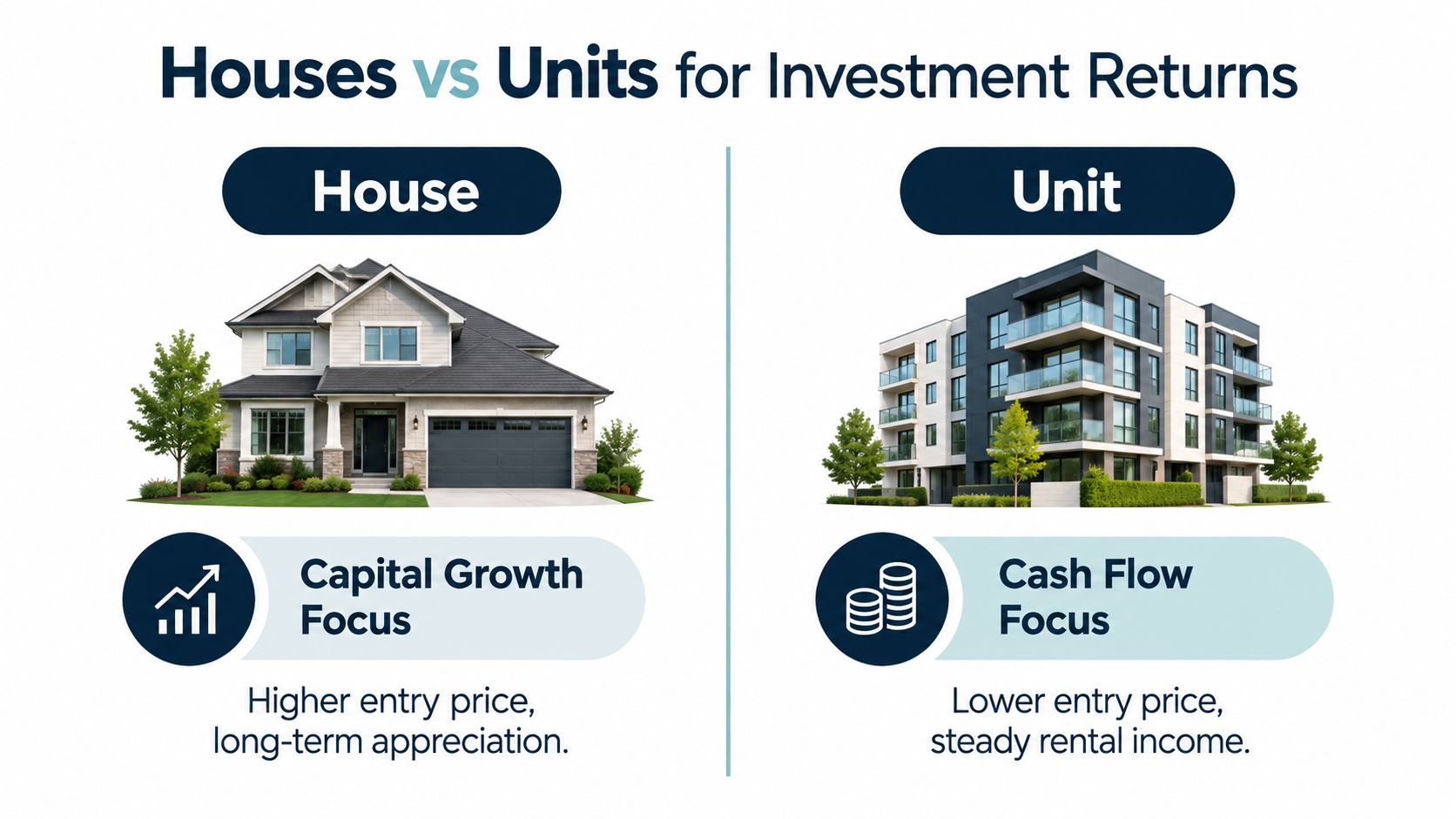 A comparison infographic showing houses for long-term capital growth and units for steady cash flow investment.