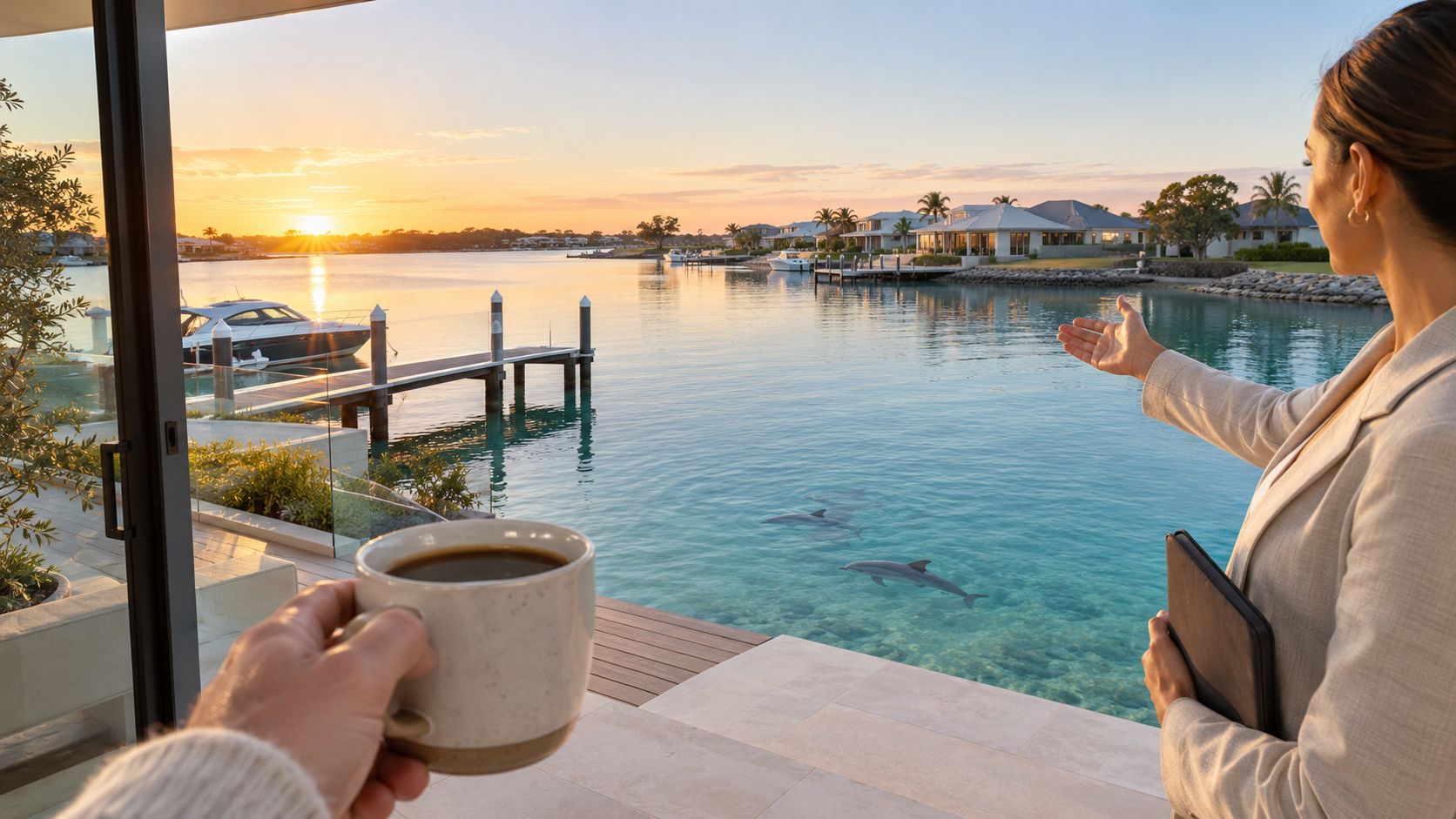 A real estate agent presenting a luxury waterfront property with dolphins swimming in clear blue water.