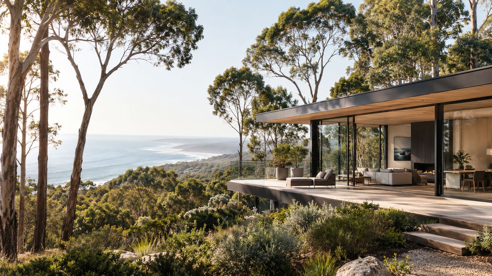 A luxurious modern hillside villa overlooking the vast ocean with expansive glass walls and native forest surroundings.