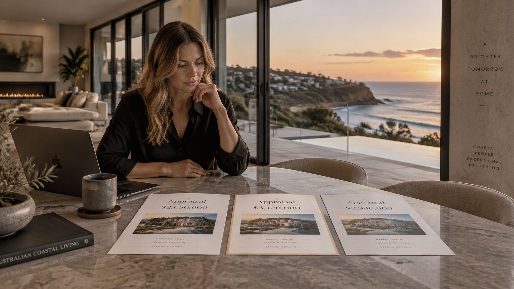 A professional woman reviews three different real estate home appraisal documents at a luxury coastal home table.
