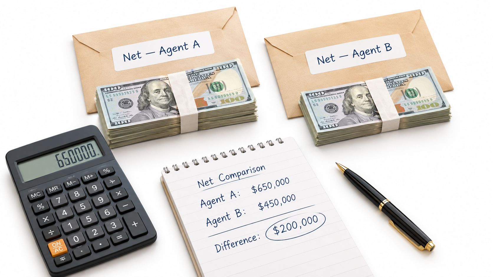 A notepad showing a net commission comparison between two real estate agents with cash and a calculator.