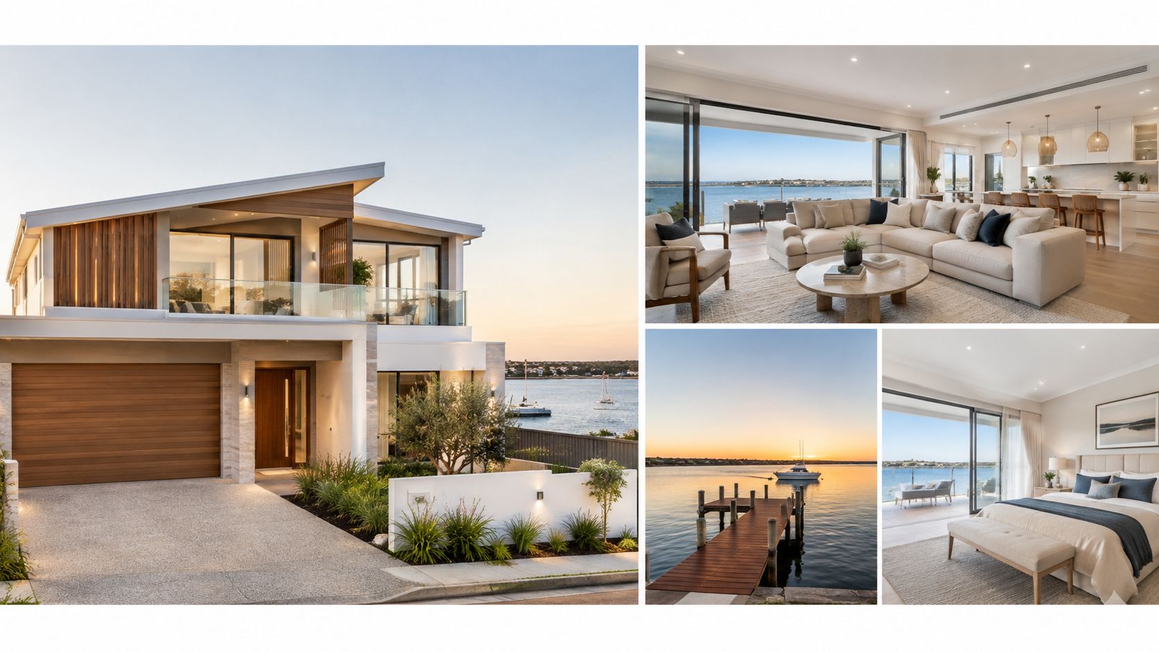 A luxurious waterfront modern home featuring stunning architectural design, elegant interior living spaces, and beautiful sunset views.