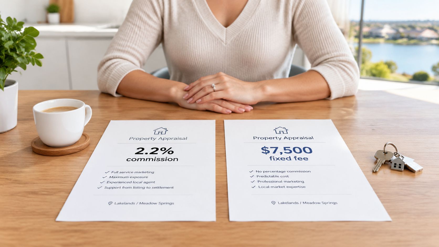 A woman sitting at a desk comparing real estate commission options on two printed documents.