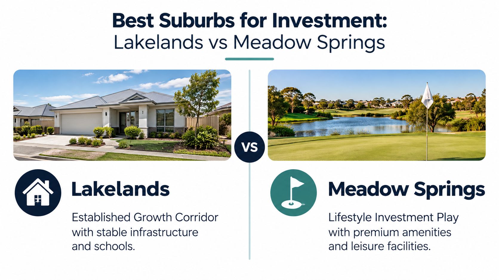 A comparison infographic featuring Lakelands and Meadow Springs as top suburbs for property investment in Australia.