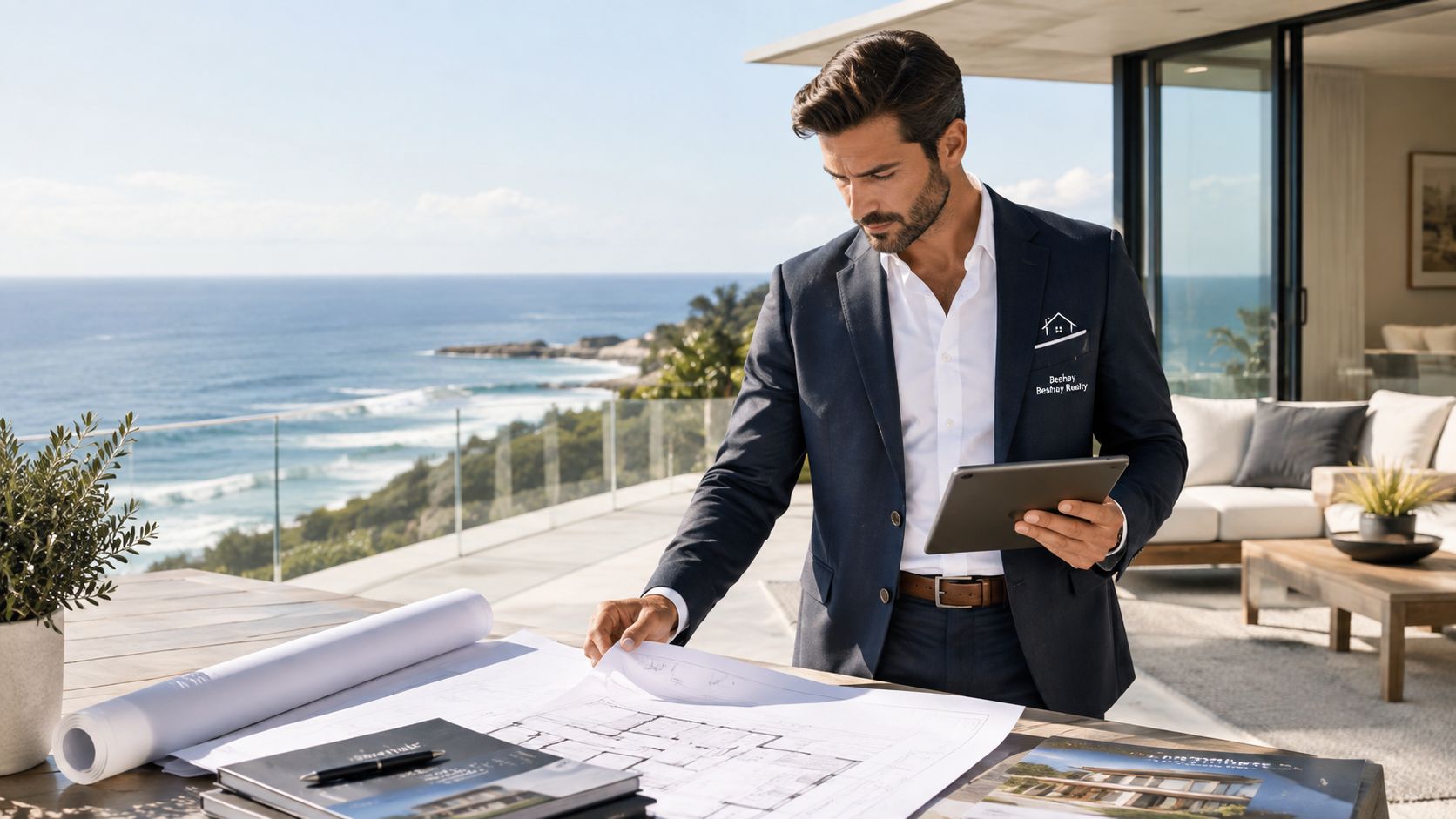 A professional real estate agent reviewing blueprints on an outdoor terrace overlooking the ocean view.