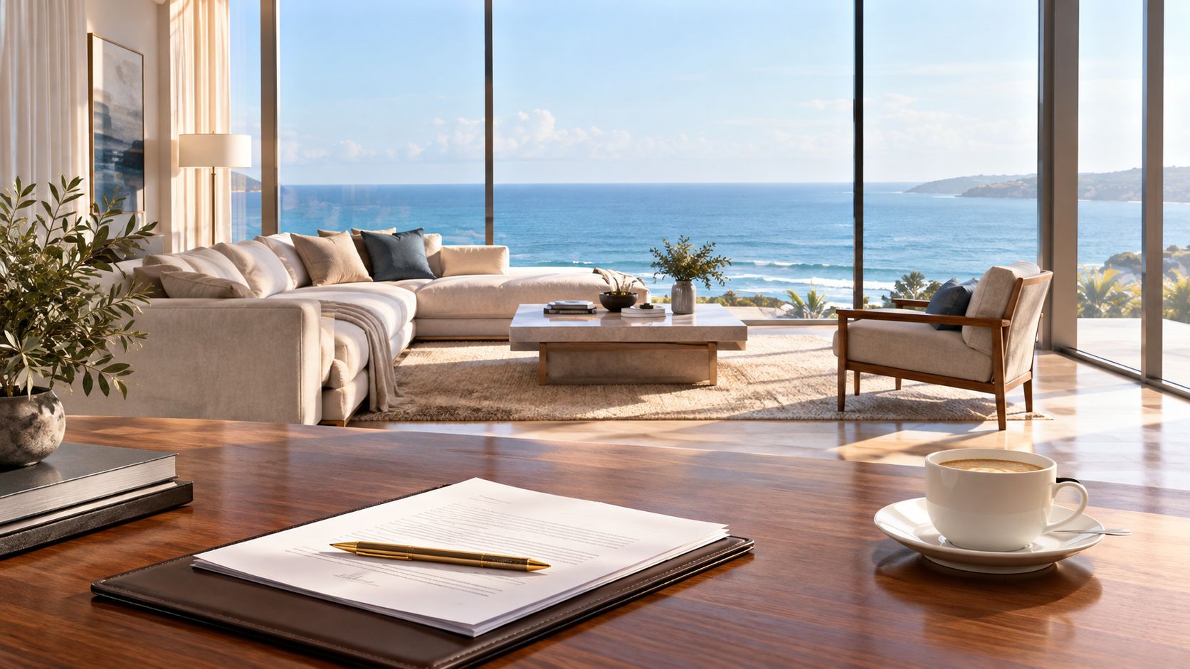 A luxurious home office desk with a legal document, gold pen, and coffee, overlooking a stunning ocean view.